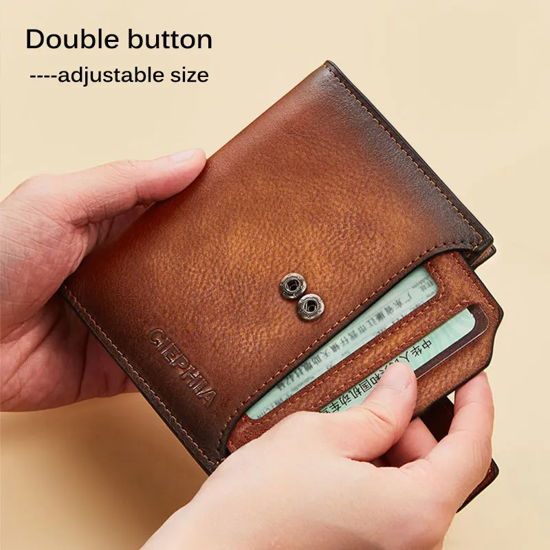 Men\'s Genuine Leather Wallet Vintage Short Multi Function Business Card Holder RFID Blocking Zipper Coin Pocket Money Clip