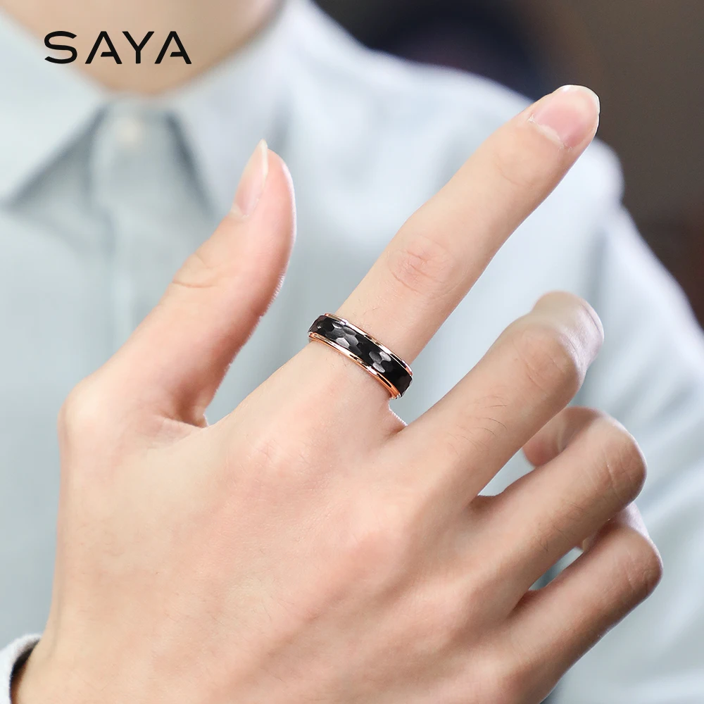 Rings for Men Women, Tungsten Rings for Engagement, Brushed Black Plating Rose Gold Inside, 6mm Width, Customized