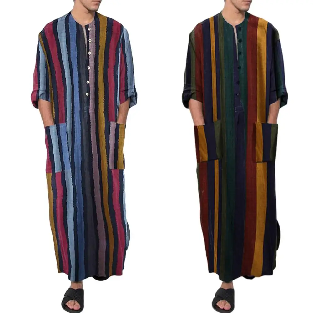 Cotton Vintage Men Striped Robes Islamic Clothes Loose Pockets Long Sleeve Saudi Arabia Men Muslim Kaftan