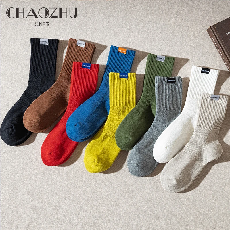 CHAOZHU Male Socks Terry Pile Outdoor Athletics Hose Thicken Fashion Label Crew Solid Colors Rib Stretch Men\'s Long Socks