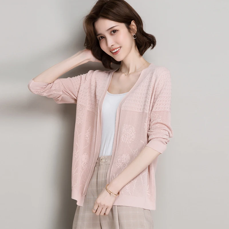 

New Summer Hollow Knit Outwear Elegant Floral See Through Knitwear Cardigan V-Neck Female Sun Protectio Coat Outwear