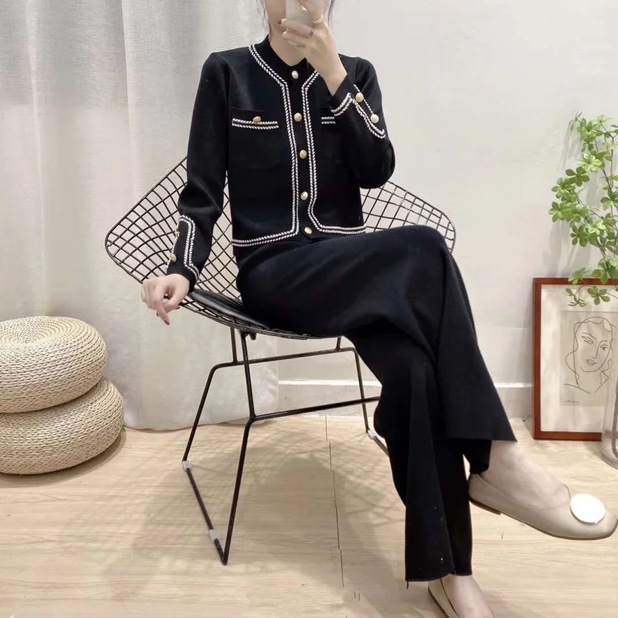 Winter Black Brief Temperament Knitted Pants Two Piece Set Women Casual Braided Trim Gold Button Cardigan Sweater + Pants Suits