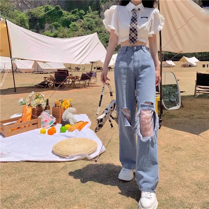 Jeans Frauen Ins Sommer Heißer Verkauf Loch Volle Länge Hosen Spitze Casual Baggy Design Alle-spiel Mode High Street beliebte Preppy