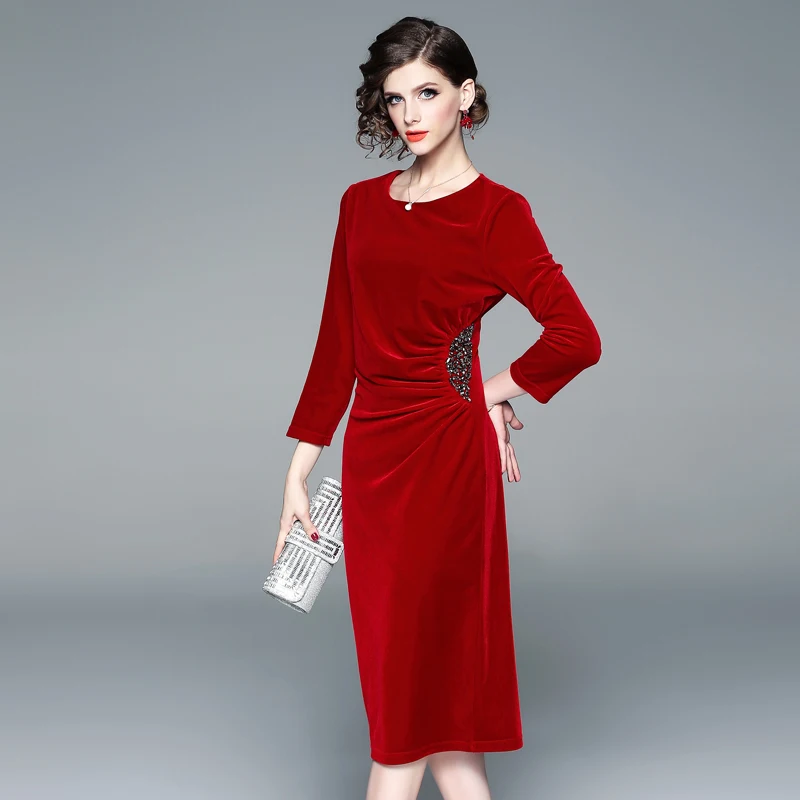 Imagem -05 - Markowo Designer Marca 2023 Nova Feminino em Torno do Pescoço de Veludo Frisado Vermelho Senhora Estilo Vestido Banquete Vestido Cor Sólida Saia