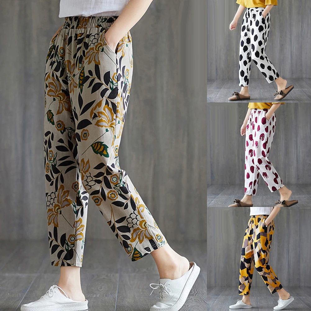 Women Thin Pocket Loose Elastic Waist Floral Print Pants Harem Trousers Women's printed slacks