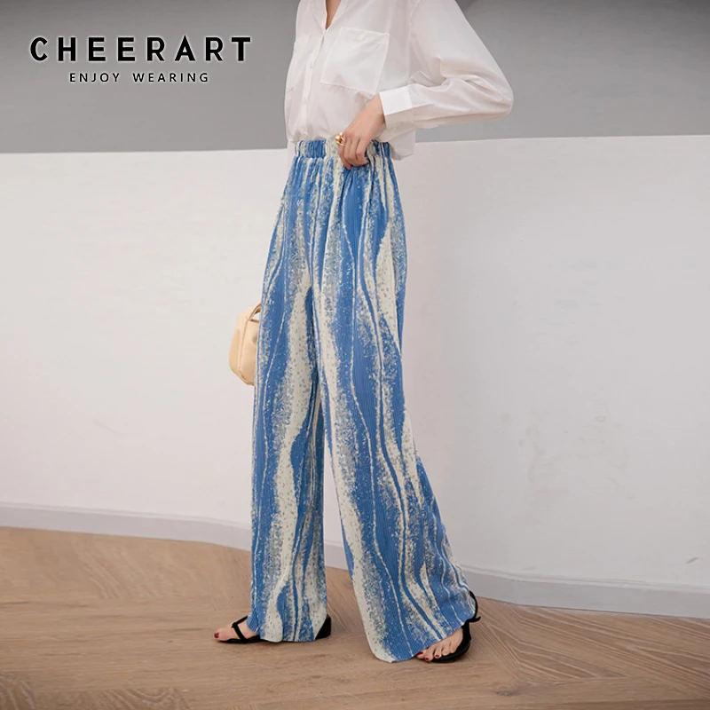 

CHEERART Tie Dye Summer Ribbed Wide Leg Pants Women Trousers Elastic High Waist Striped Blue Green Loose Palazzo Pants Fashion