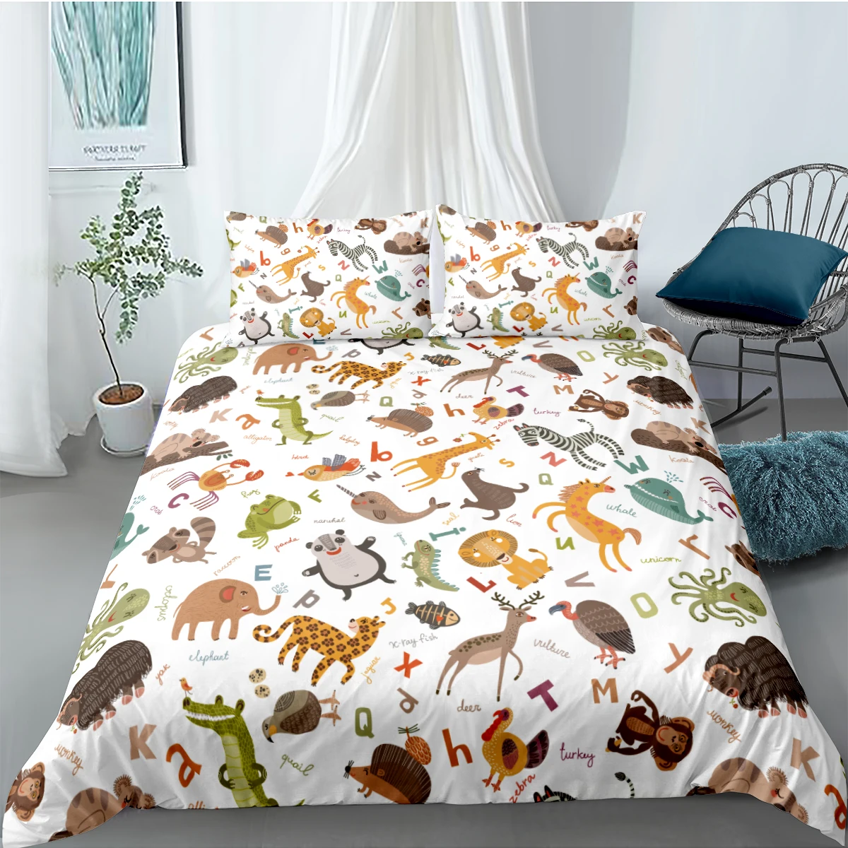 Cartoon Linens Bed 3D White Quilt Cover Sets Pillow Slips King Queen Super King Twin Single Size 203*230cm Animals Bedclothes