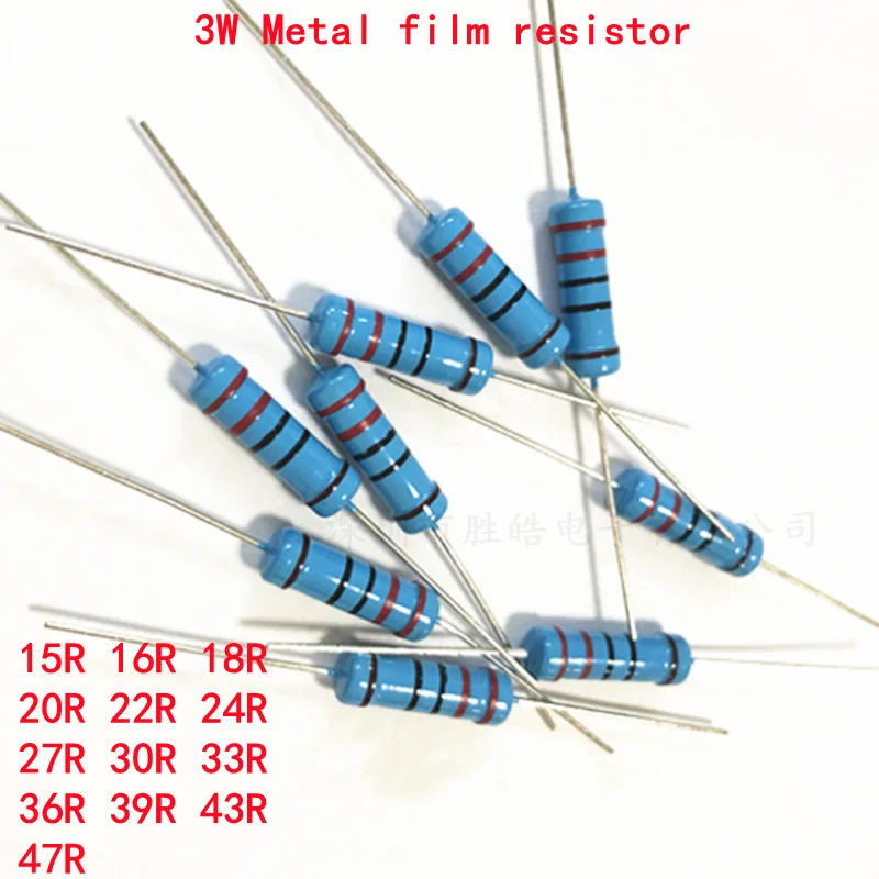 Resistencia de película metálica de 3W, 1% 15R, 16R, 18R, 20R, 22R, 24R, 27R, 30R, 33R, 36R, 39R, 43R, 47R, 15, 16, 18, 20, 22, 24, 27, 30, 33, 36, 39, 43, 47 ohm, 10 piezas