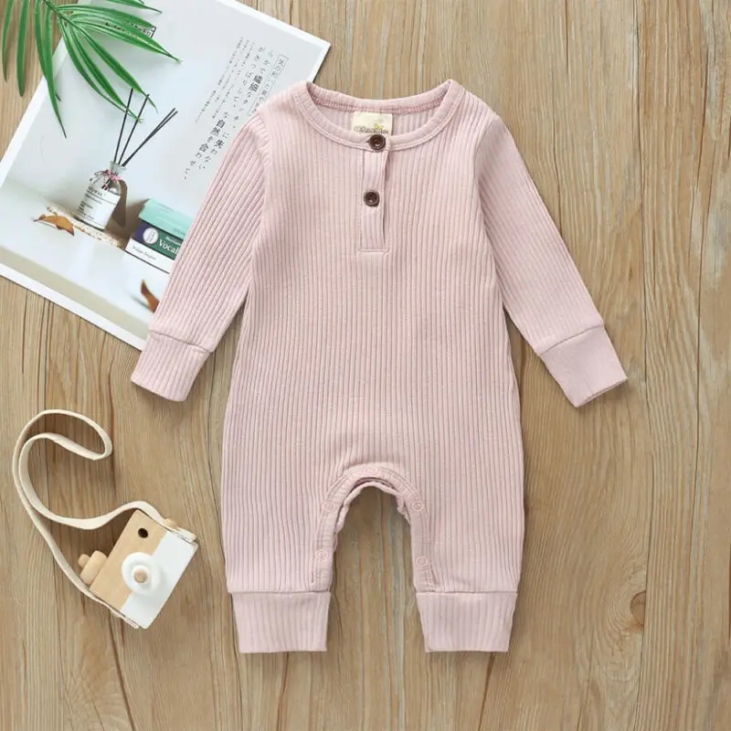 Spring Autumn Baby Clothes Newborn Infant Baby Boy Girl Cotton Blend Solid Romper Knitted Ribbed Jumpsuit Warm Outfit