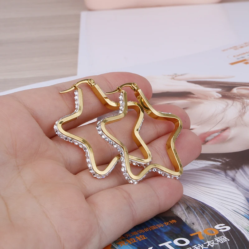 Stainless  Steel Crystal Hoop Earring for Women  Gold  Color  Star Shape  Girlfriend  Gift Fashion Ear  Jewelry Party   2021