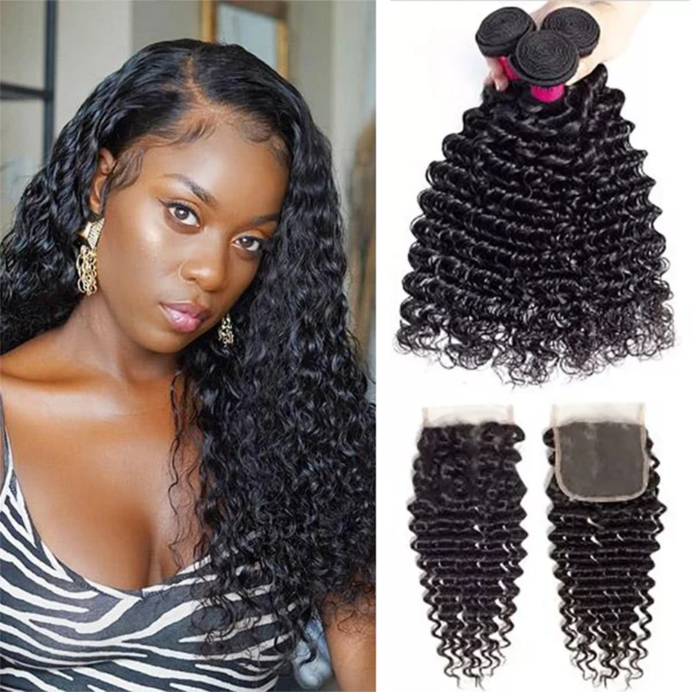 Deep Wave Bundles with Closure Human Hair Bundles extension 4x4 Pre-plucked Lace Closure with 3/4 Bundles Deep Curly Hair