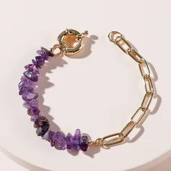 Women Fashion Half Stainless Steel Chain Half Purple Natural Crushed Stone Bracelet HD127