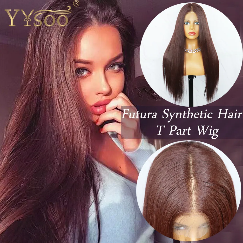 YYsoo #33 Color Long Futura Silky Straight Japan Heat Resistant Fiber Glueless T Part Wig Synthetic Lace Front Wigs for Women