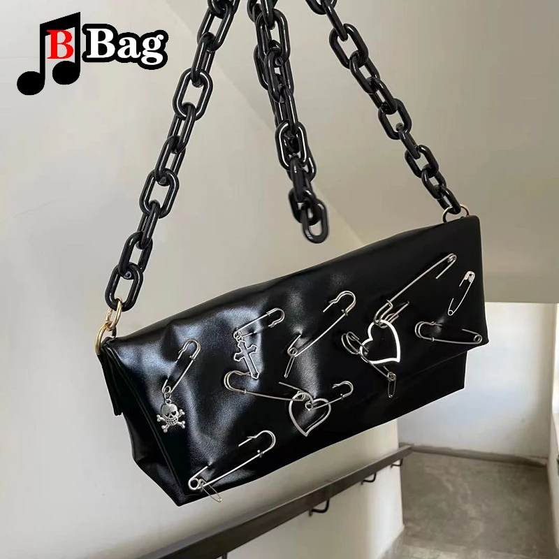 Y2K Gothic Women Girls punk pin Acrylic chain shoulder Bags Handbags Harajuku Female Hip hop Rock PU Leather messenger Bag totes