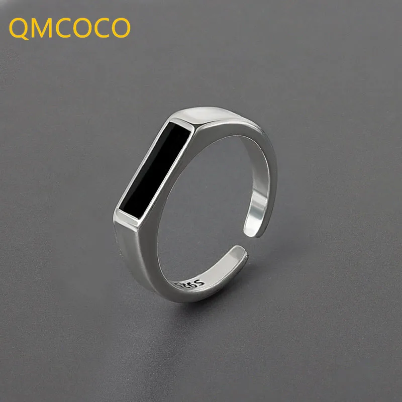 QMCOCO Silver Color Trendy Rings For Women Vintage Minimalist Handmade Black Stone Finger Jewelry Punk Hip-Hop Party Gifts