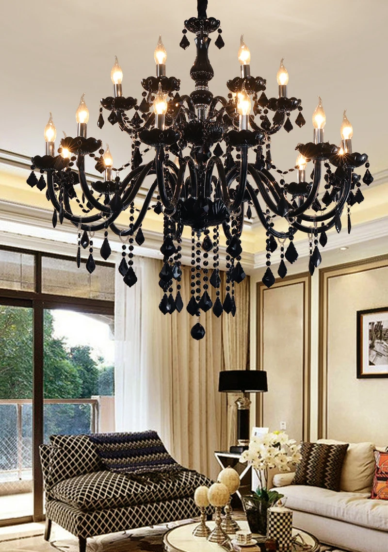 Black Crystal Chandelier 18 Lights Fashion Living Room Ceiling Pendant Lamp Hanging Candle Holder Hotel Restaurant Dining