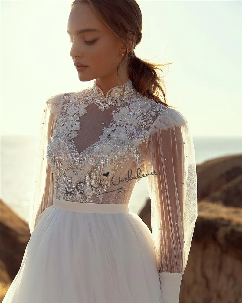 Cao Cấp Áo Váy Vintage 3D Ren Hoa Tay Dài Cô Dâu Đầm Abito Da Sposa Một Đường Đi Biển Áo Cưới Boho