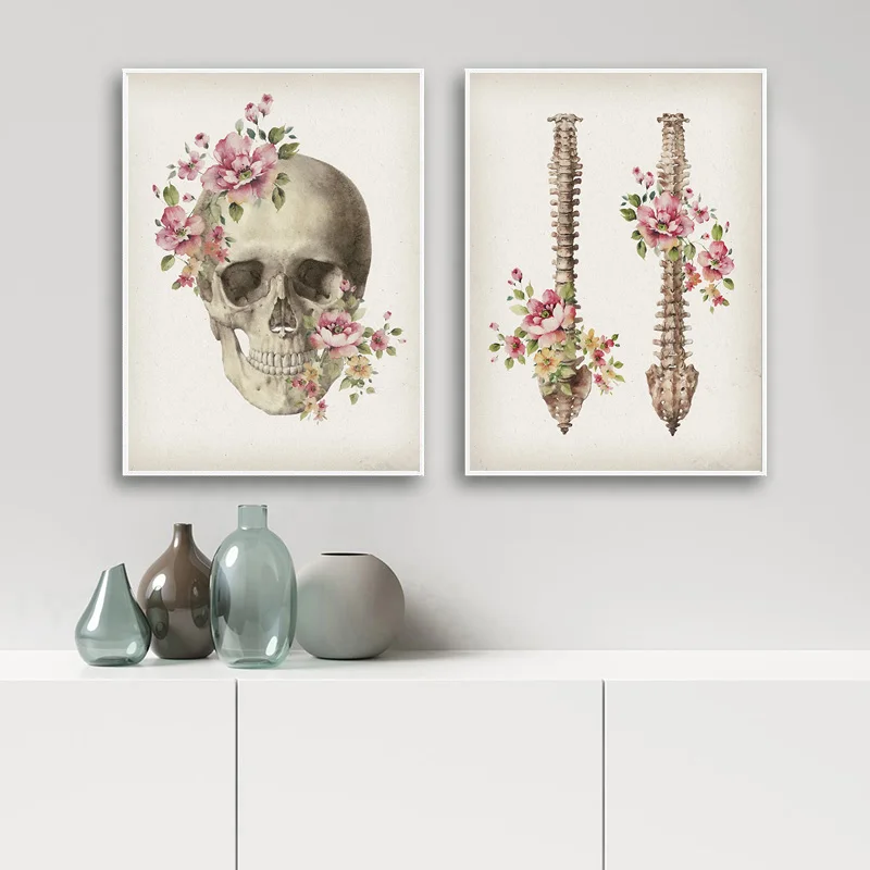 Floral Skeleton Bones Anatomy Poster Skull Spine Medical Canvas Painting Abstract Clinic Hospital Wall Art Print Decor Pictures