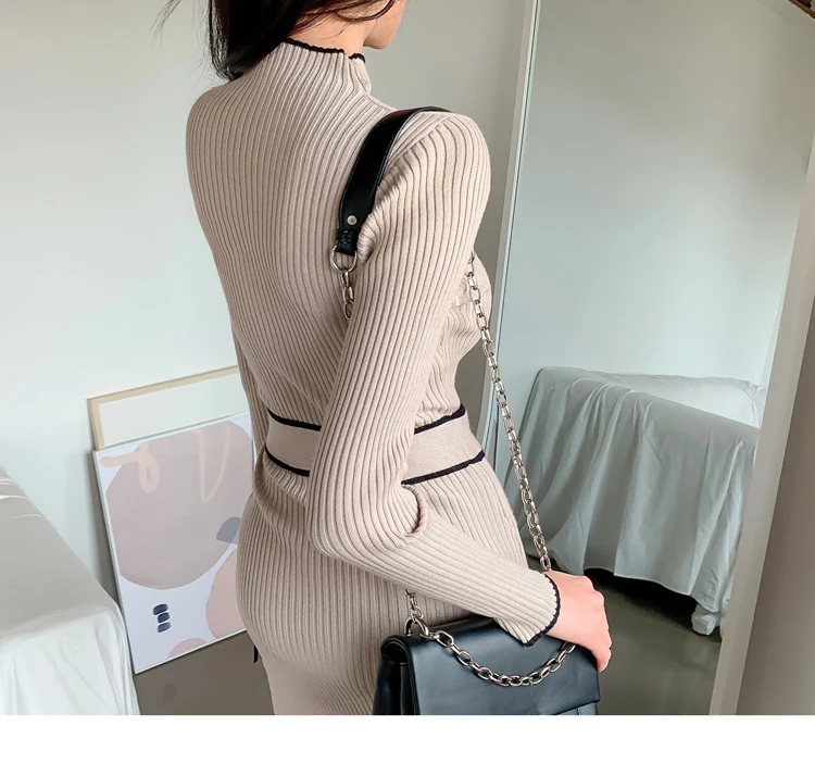 SMTHMA 2022 New Autumn Winter Korean Style Temperament Dress Ladies Slim Waist Lace-Up Knitted Mid-Length Sweater Dress Vestidos