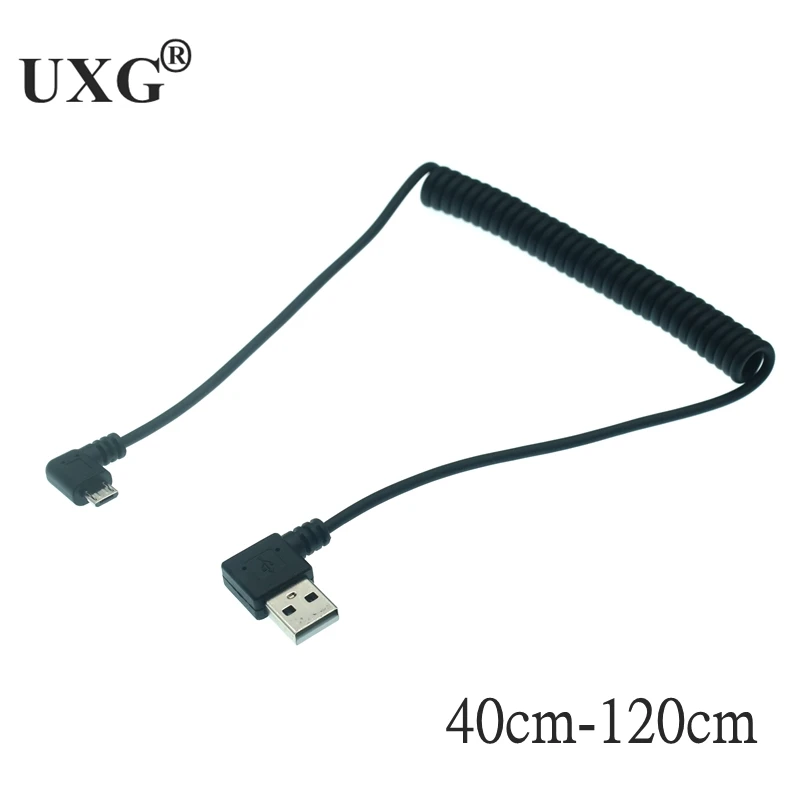 Micro Usb Male 90 degree Right angled to usb male Left / Right Angled Spring Retractable stretch cable sync data charge 1m