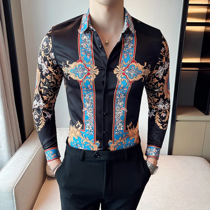 Brand Designer Men Floral Shirt Dress Luxury Paisley Print Long Sleeve Casual Shirts Blouse Homme Fashion Baroque Mens Clothing