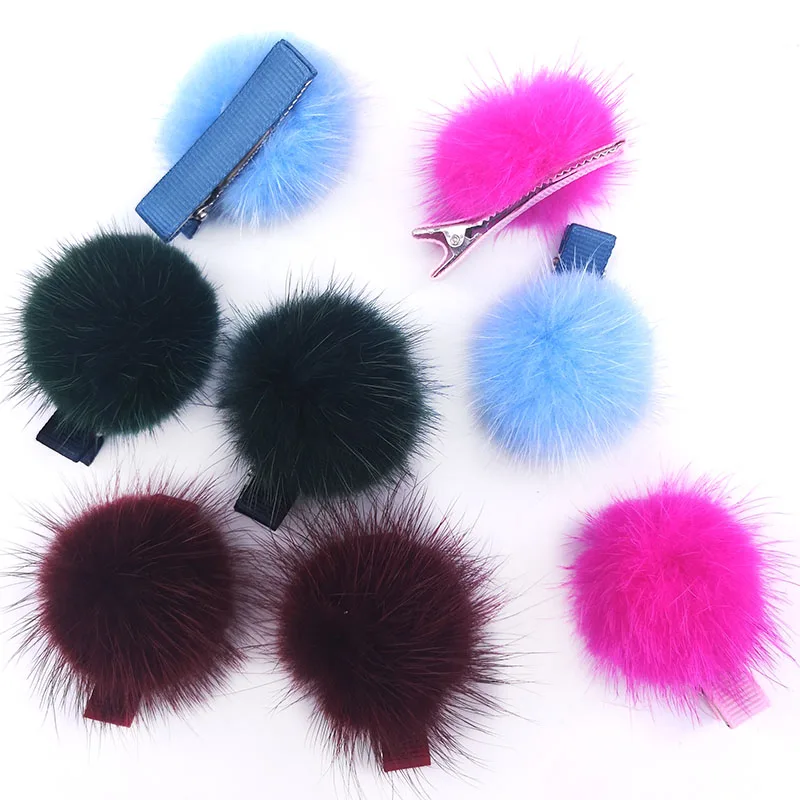 Baby Girls Real Mink Fur pompom Hair Clips 5cm Big Princess Barrette Childs Kids Headbands Hair Accessories 2pcs Christmas gift