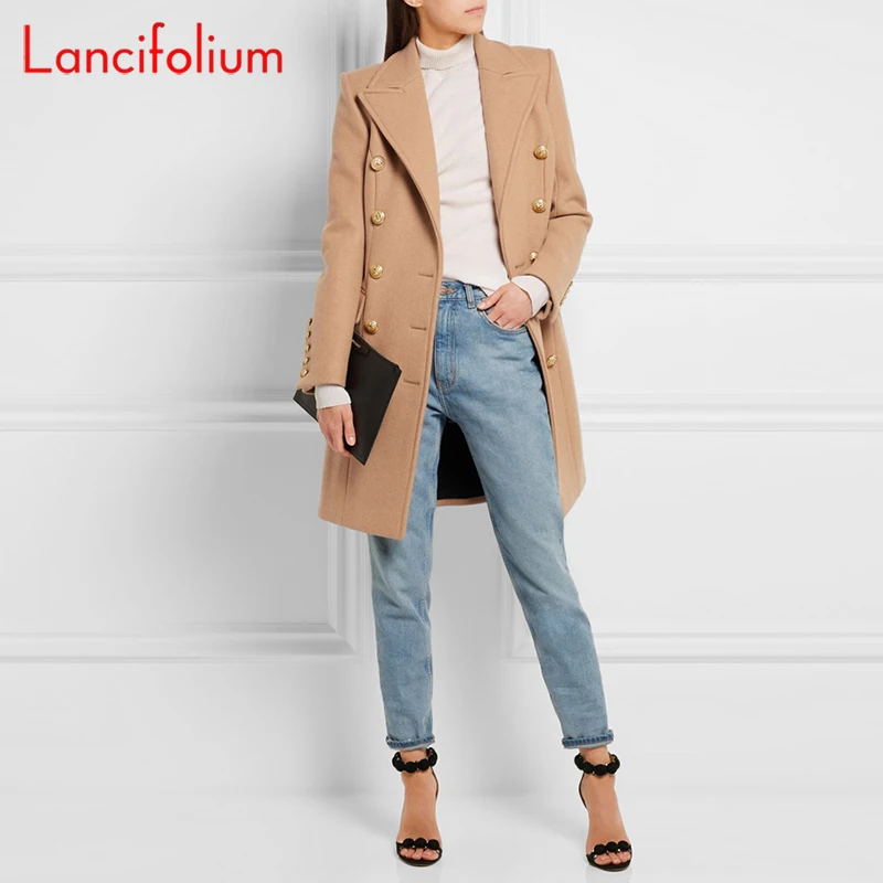 Long Woolen Coat Women Autumn Winter Fashion Military Black Wool Blends Double-breasted Slim Elegant Woolen Coat Outwear Jacket