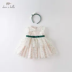 DBM14179 dave bella summer baby girl's fashion bow dots print dress with a headwear party dress kids infant lolita 2pcs clothes