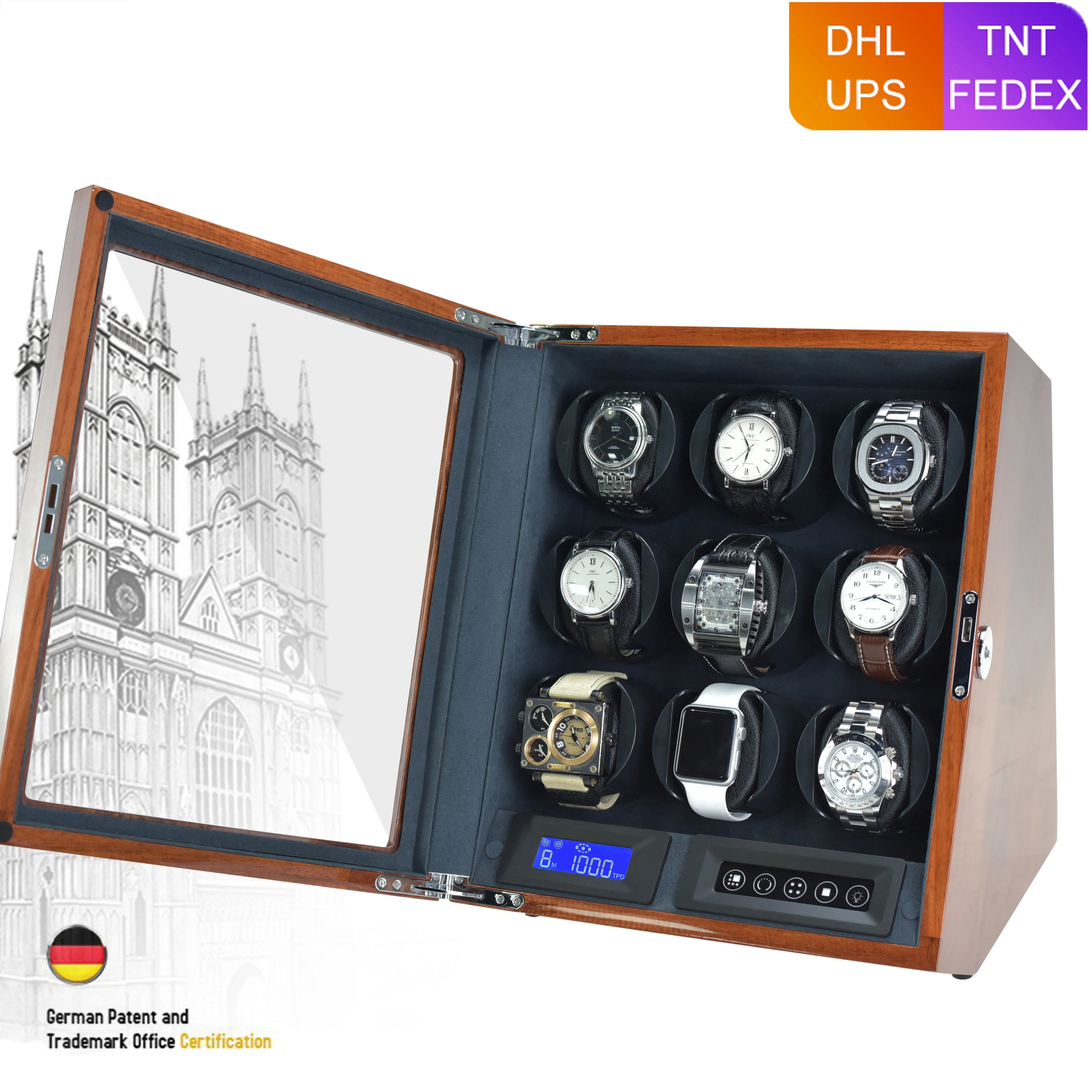 

Luxury 9 Slot Automatic Watch Winder LCD Control Watches Wood Boxes Brown Glossy Lacquer Battery Powered Wooden Watch Box Gift