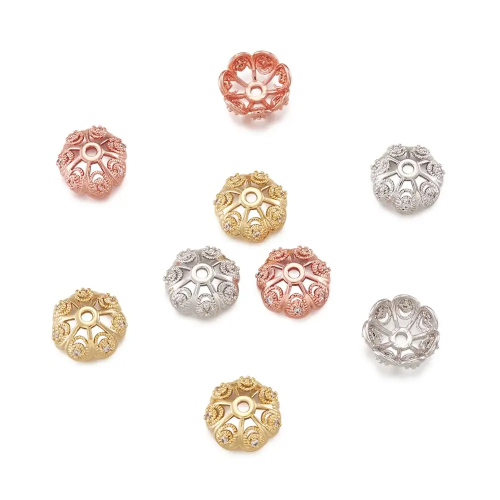 50pcs Brass Micro Pave Cubic Zirconia Flower Bead Caps Mixed Color for Bracelet Necklace DIY Jewelry Making Findings 8mm 11mm