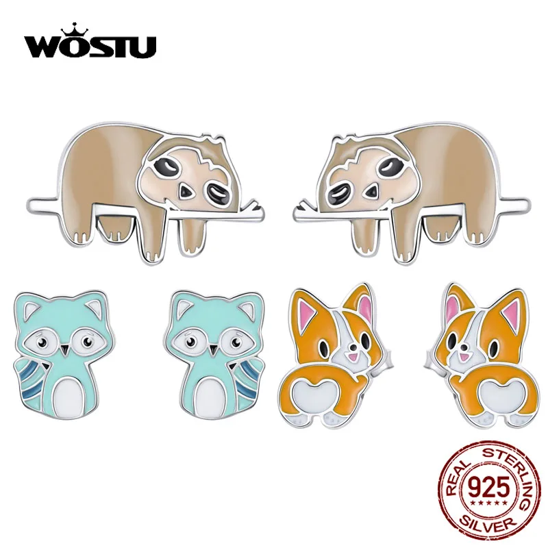 WOSTU Lovely Corgi Studs Earring 100% 925 Sterling silver Lovely Pet Cute Sloth Earrings Gift for Gril Party Jewelry FIE1281