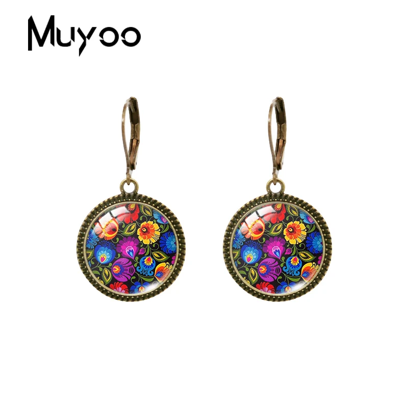 2019 New Polish Folk Pattern Dangle Earring Geometric Art Vintage Earring Glass Dome Jewelry