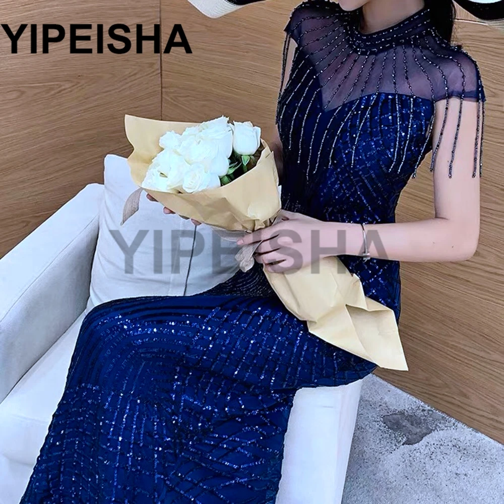 คอสูงแขนสั้น Beading Sequined Mermaid Evening Dresses SweepTrain Glittery ชุดราตรี فساتين السهرة Robes De Soirée