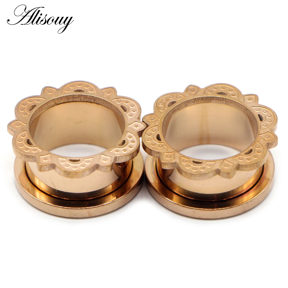 Alisouy 2pcs Stainless Steel Ear Gauges Plugs Flower Lace Ear Flesh Tunnel Expanders Stretchers Earring Piercing Body Jewelry