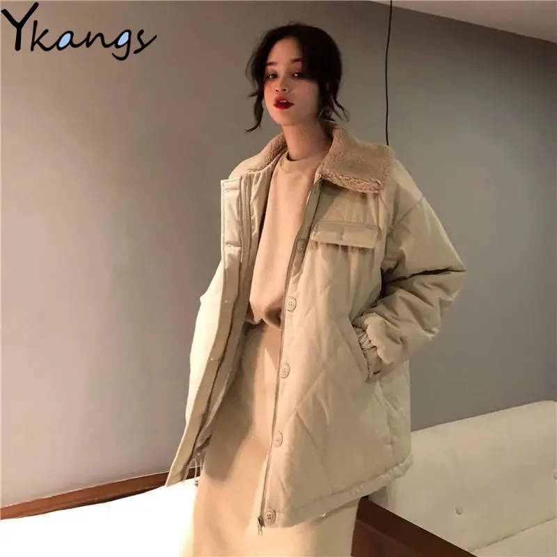 

Autumn Winter Lambs Wool Lapel Solid Color Slim Jacket Korean Long-sleeved Women's Parka Coat Fashion Thick Ladies Warm Jacket