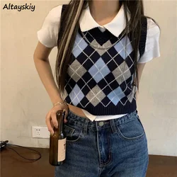 Suéter chalecos mujer Argyle cultivos tejido femenino Simple cuello en V ropa de calle primavera estudiante estilo Preppy Chic ocio Retro suave