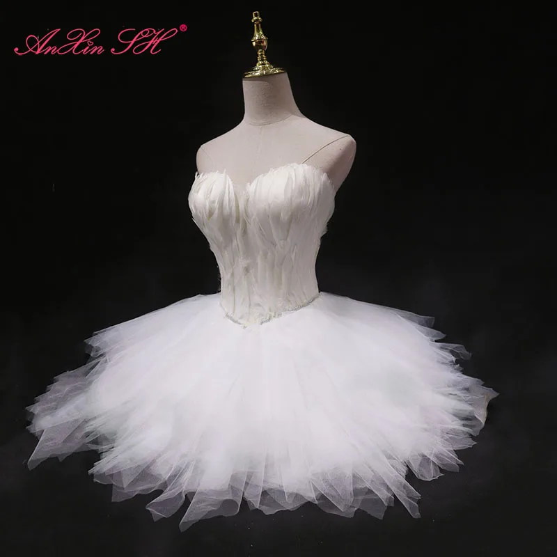 AnXin SH-Vestido corto de princesa con plumas blancas para novia, vestido de novia con plumas blancas, con abalorios de cristal, sin tirantes, para escenario