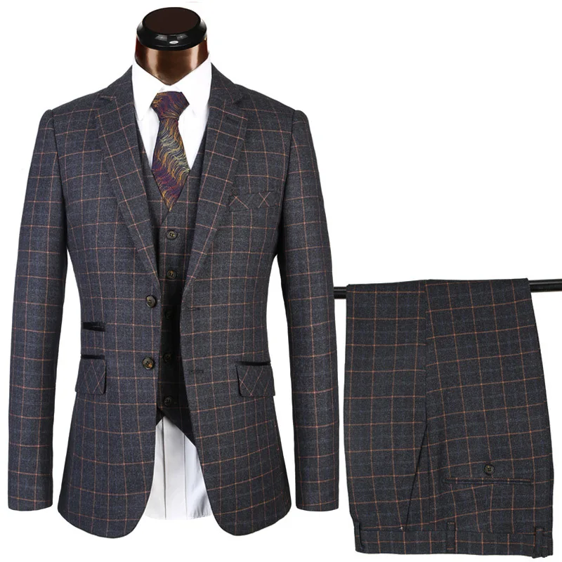 

2021 Custom Made Winter Male Formal Business Suit for Men's Fashion Groom Black Plaid Wedding Dress Suit ( Jacket+Vest+Pants )