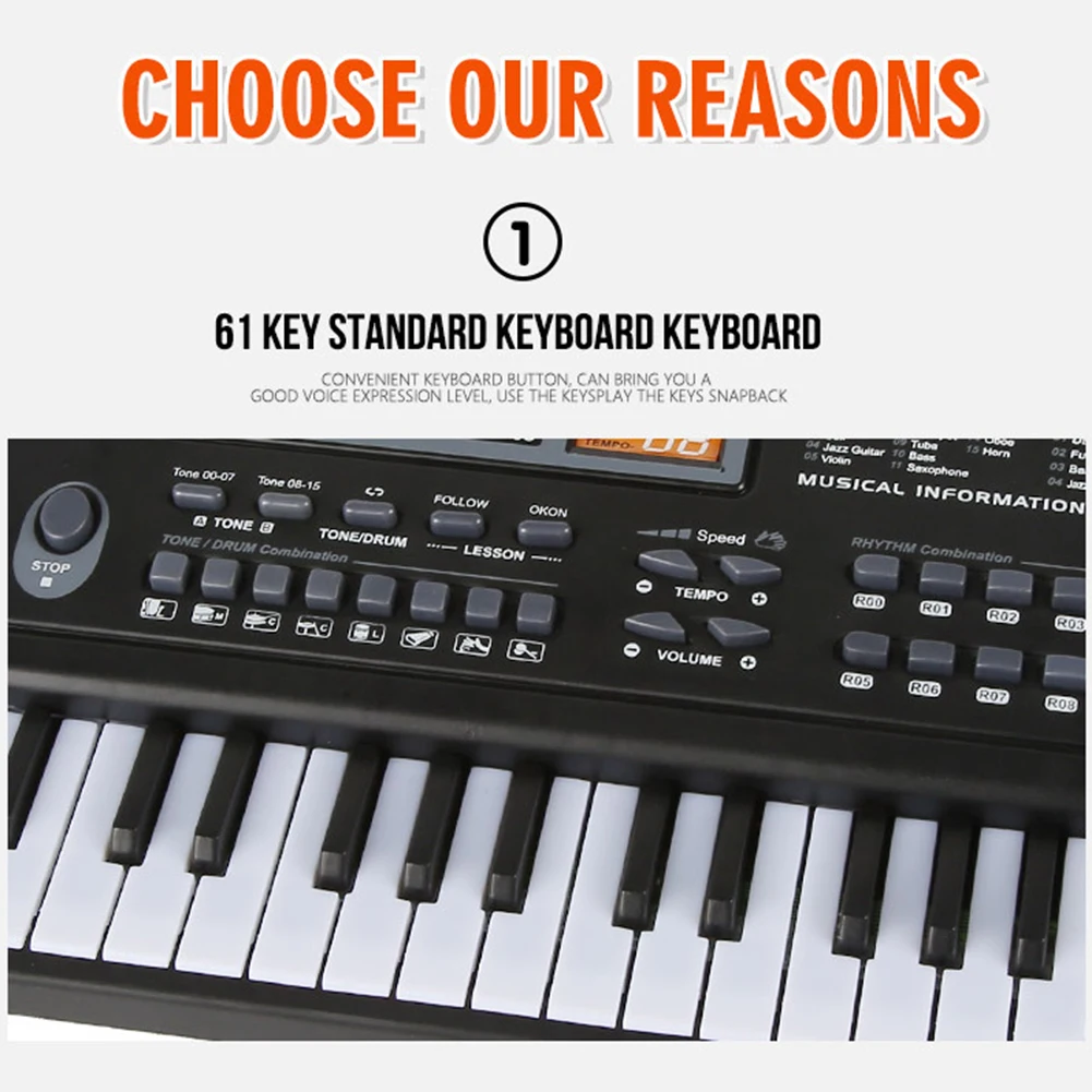 Elektronische Klaviertastatur für Kinder, tragbar, 61 Tasten, Orgel mit Mikrofon, Bildungsspielzeug, Musikinstrument, Geschenk für Kinder, Anfänger – Detail 11