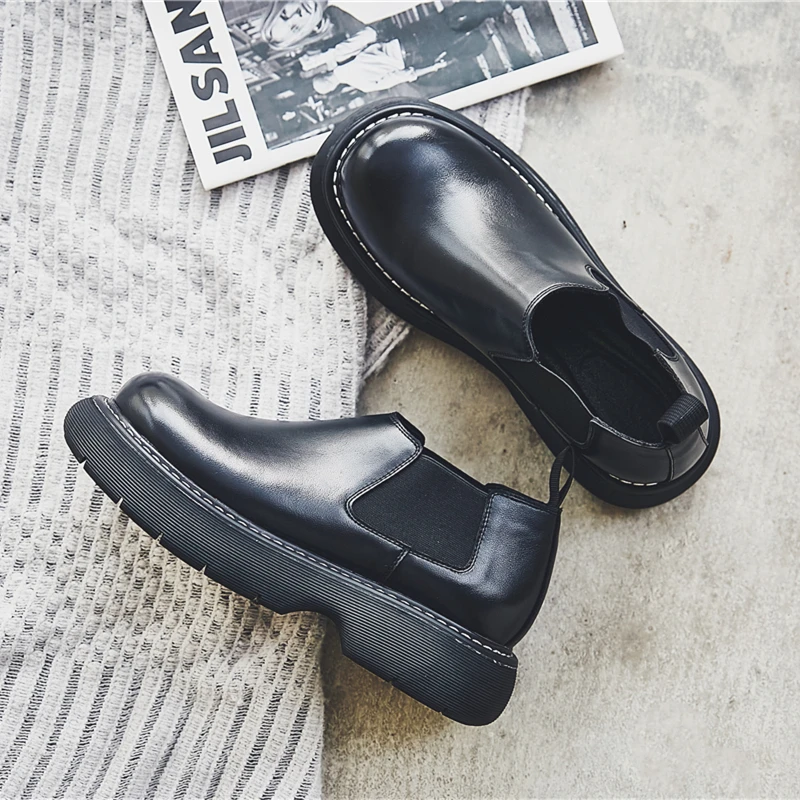 New Autumn Winter British Casual Men Boots Handmade Luxury Leather Shoes Slip-On Ankle Boots Work Platform Boots Big Round Toe