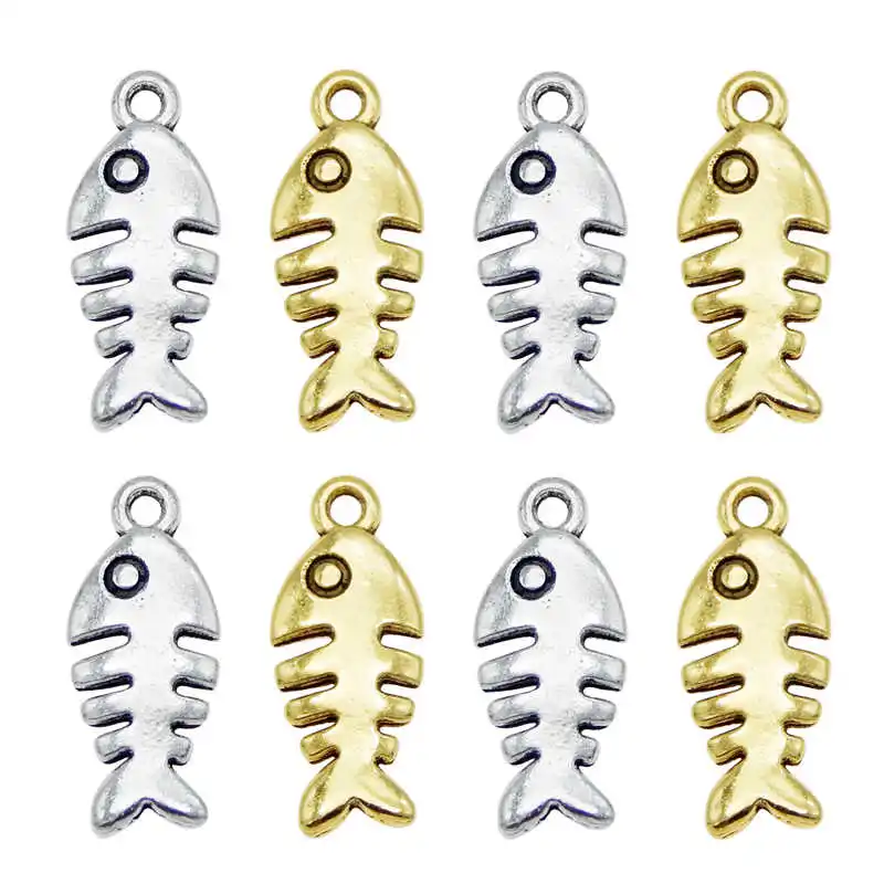 Julie Wang 40PCS Small Fish Bones Charms Retro Antique Color Fish Pendant Bracelet Alloy Jewelry Making Accessory