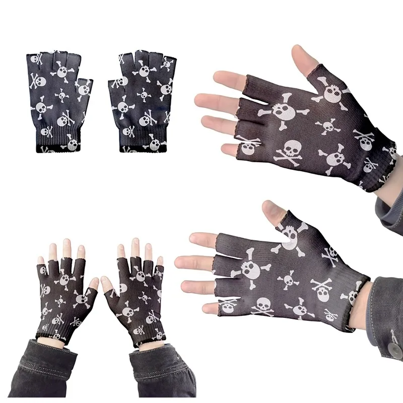 New Adult Halloween Skeleton Skull Half Finger Gloves Stretch Knitted Winter Fingerless Gloves Autumn Garden Gloves Guantes