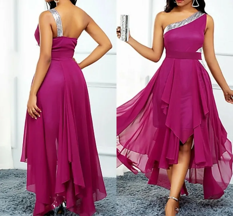 

Hot Fashion High Low Prom Dress One Shoulder Sequins Asymmetrical Chiffon Evening Formal Gowns vestidos de noiva