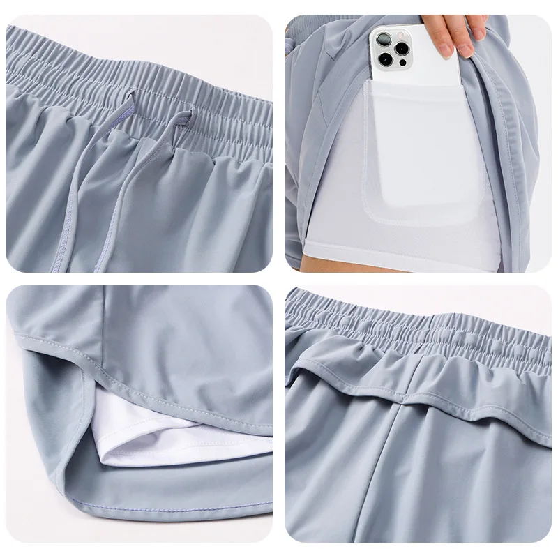 NEW Women Gym Double Shorts Side Pocket Running Shorts Quick Dry Breathable Yoga Women 2 In 1 Shorts Workout Fitness Sportwear