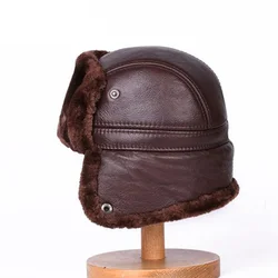 Winter Bomber Hats For Men Russian Genuine Leather Faux Fur Velvet Warm Cap No Brim Male Ear Head Coldproof Chapeu Dad Gift