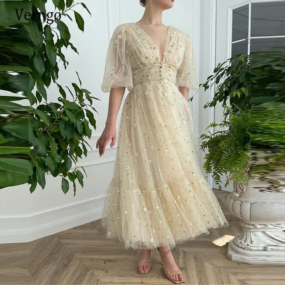 

Verngo Elegant Beige Tulle A Line Prom Dresses Puffy Sleeves V Neck Daisy Flowers Ankle Length Graduation Party Gowns 2021