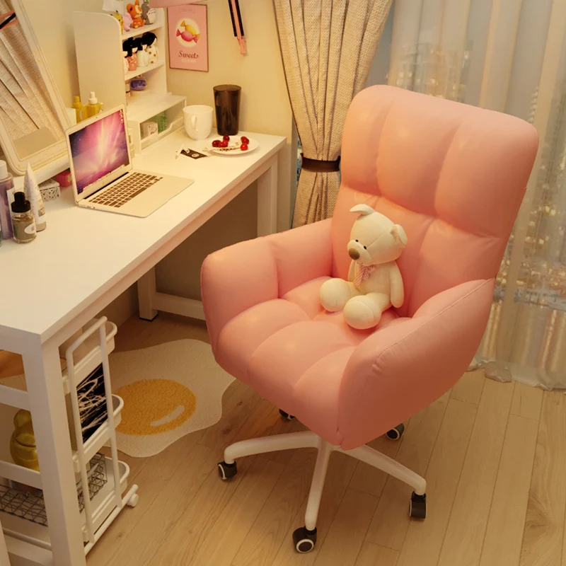 Pink Cute Girl Computer Chair Back Foldable Office Furniture Comfortable Sofa Chair Lift Rotary Reclining Game Chair PU Leather