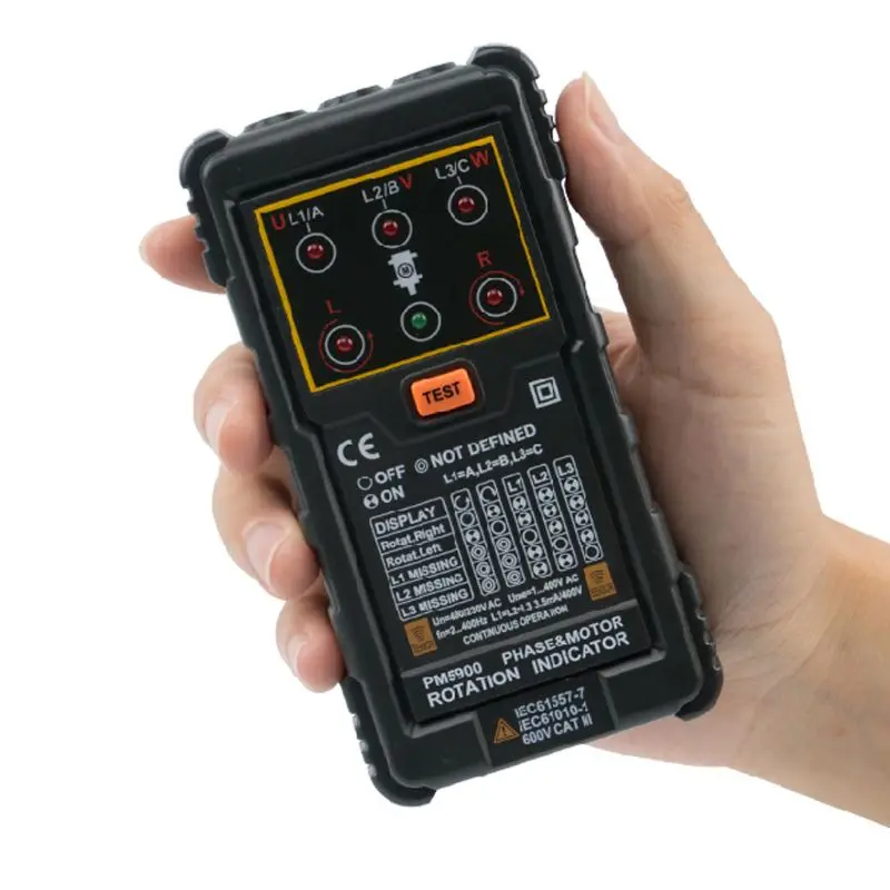 Motor Rotation Tester PM5900 Portable Handheld Three Phase Motor Rotation Indicator Tester Non-contact 3 Phase Rotation