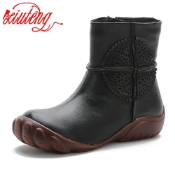 XT 2022 Winter Comfortable And Warm High-Top Cotton Boots Ethnic Mother Boots Top Layer Cowhide Flat Heel Women's  Ankle Boots