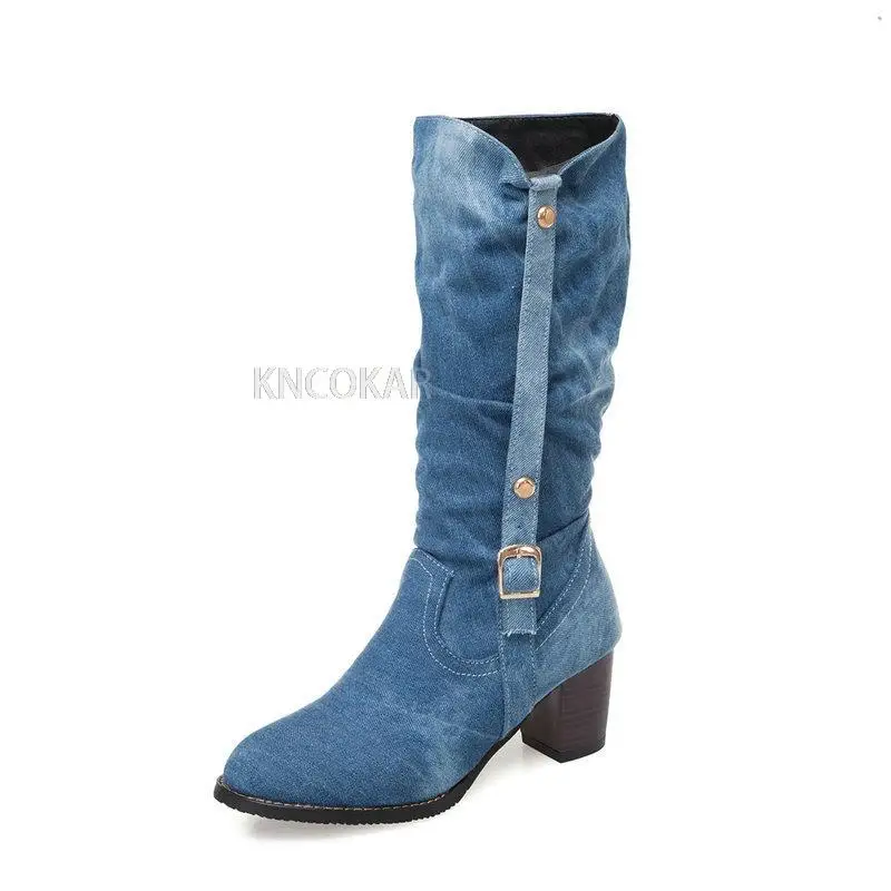 Cowboy boots women thick-heeled high-heeled cowboy boots with belt buckle was thinner long-tube women\'s boots autumn and winter